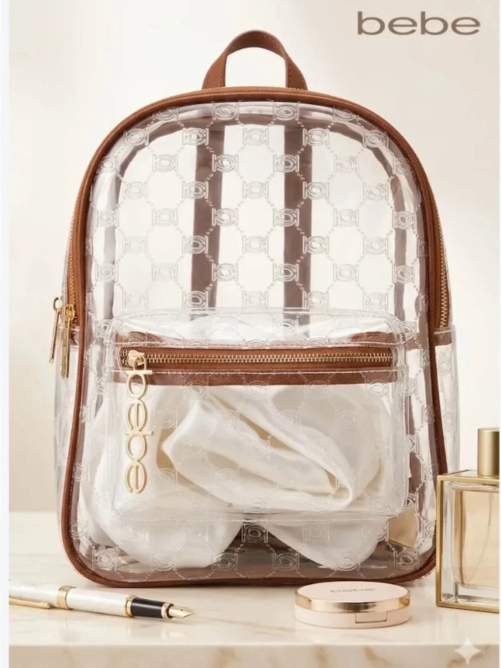 NWT-BEBE-Caitlin Clear Backpack with Brown Trim and Gold Accents